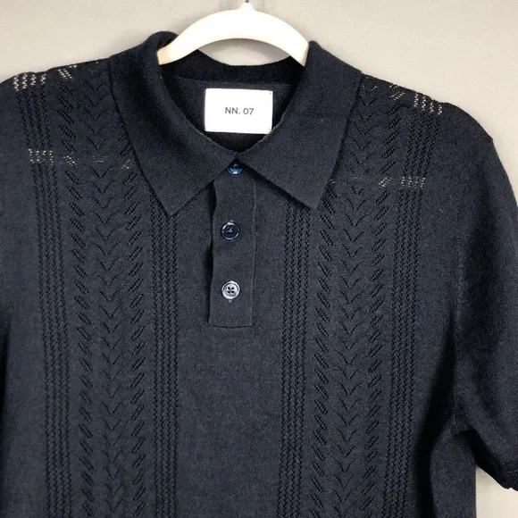 NN. 07 Thor Short Sleeve Knit Polo Shirt Mens L Navy Blue Wool Blend 6539 - Picture 4 of 10